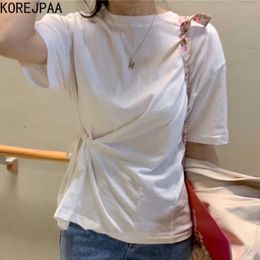 Korejpaa Women T-shirt Korean Chic Summer Base Round-neck Side Strap Waist Thin Short-sleeved Solid Colour Tee Top Female 210526