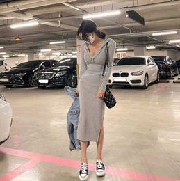 spring allmatch slim wrap hip grey long sleeve split hooded hoodies dress women cotton casual vestido feminino oversize fashion 210610