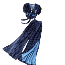 Blue Striped Crop Top Long Pant Two Piece Set Women Summer Sexy Backless Knotted Tops Wide Leg Pants Party 2 Sets Women's