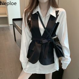 Neploe Fashion Women Blouses Patchwork Contrast Color Shirts Tops Office Lady Notched Lace Up Slim Fit Blouse Blusas De Mujer 210422