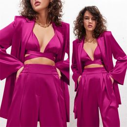 Women's Two Piece Pants 3 Pcs Women Suits Notched Lapel Custom Made Silk Set (Jacket+Pants+Underwear) Fashion Streetwear Party Prom Daily Co