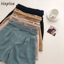 Neploe High Waist Hip Wide Leg Shorts Feminino Summer Solid Simple Pleat Short All Match Causal Slim Waist Sashes 210510