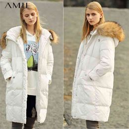 Minimalism Women Winter Thick Hooded Fur Long Down Coat Causal Solid 95%White duck down Knee-length Female 11860113 210527