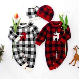 Christmas Baby Boys Girls Grid Long Sleeve Deer Rompers Clothes + Hat Autumn Winter Boy Girl Kids Knitting 210429