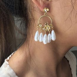 Tassel Pearl Earrings For Women Vintage Gold Colour Exaggerated Baroque Crystal Flower Bohemia Dangel Jewellery Gift Hoop & Huggie