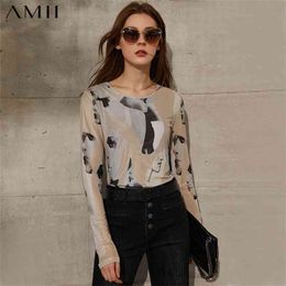 Minimalism Spring Summer Women's Tshirt Fashion Printed Oneck Slim Fit Full Sleeve Female Tops 12140088 210527