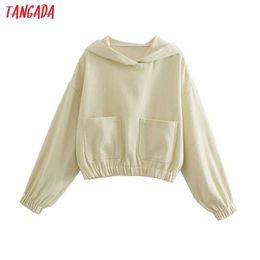 Tangada Women Beige Pocket Hoodie Sweatshirts Patchwork Long Sleeve Ladies Pullovers Hooded Tops QD11 210609