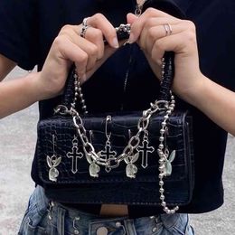 Nxy Handbag Harajuku Gothic Shoulder Bag Woman Metal Punk Moto Biker Style Female Cross Paper Clip Rabbit Dark Messenger Purses 0214