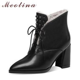 Meotina Rivet Genuine Leather High Heel Short Boots Women Shoes Pointed Toe Thick Heels Ankle Boots Zipper Lace Up Warm Boots 210520