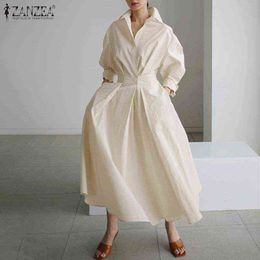Women Autumn Sundress ZANZEA 2021 Elegant Shirt Dress Solid Long Sleeve Maxi Vestidos Female Casual High Waist Robe Oversize 7 Y220222