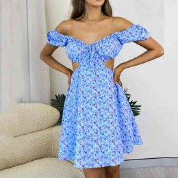 summer Print mni dress for womens sexy short-sleeved open back lace-up puff sleeve Dress vintage short dress vestidos 210514