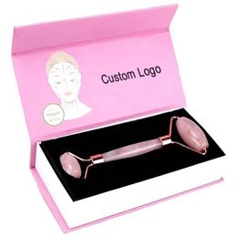 Custom Logo& Box Rose Quartz Face Care Massage Roller with Silicone Cap Natural Stone Neck Facial Slimming Anti Wrinkle Cellulite Health Skin Acupuncture Massager