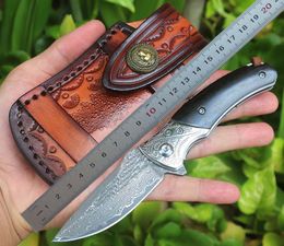 1Pcs High End Flipper Fodling Knife VG10 Damascus Steel Blade Drop Point Blades Natural Ebony + Steels Head Handle Ball Bearing Pocket Knives With Leather Sheath