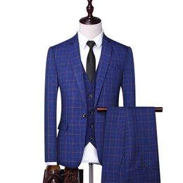 Suits 3 piece set blazer trousers vest men s Cheque business casual suit costume