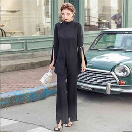 Fashion Elegant Women Two Piece Set Sexy split Long Sleeve Black Blouse +High Waist Flare Pant Suit 210520