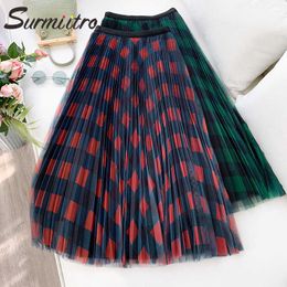 Surmiitro Elegant Plaid Long Tulle Skirt Women For Spring Summer Korean School Checked High Waist Pleated Maxi Skirt Female 210712