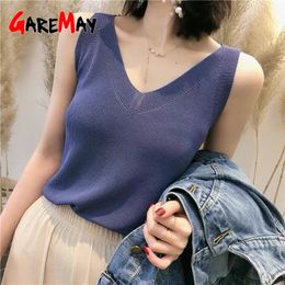 Knitted Vest Top Female V-neck Basic Sexy Sleeveless Black Solid Colour Cami Women's Tank Tops for Summer 210428