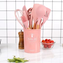 11pcs Pink Silicone Kitchen Cooking Tools Spatula Shovel Soup Spoon with Wooden Handle Special Heat-resistant Design Utensil Y0428