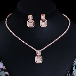 CWWZircons Shiny Baguette Cubic Zirconia Wedding Bridal Party Necklace Earrings Fashion Gold Color Jewelry Sets Accessories T583 H1022