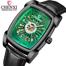 Chenxi Top Brand Business Men Watches Square Dial Automatic Luminous Clock Leather Hollow-carved Design Mens Wrist Watch Relogio Q0524