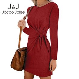Jocoo Jolee Women Summer Short Sleeve O Neck T Shirt Dress Casual Slim Lace Up Bow Mini Dress Cotton Slim Shirt Dresses 210518