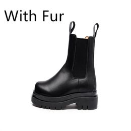 Winter Womens Slip-On Round Toe Ankle Boots Matte Black Inner Fur Platform British Style Chelsea Boots Concise Comfortable