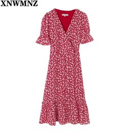 Chic Red Floral Print Split Midi Dress women Retro Flare Short Sleeve Vestidos Vintage V Neck Summer Dresses woman robe 210520