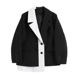 Summer Korea Chic Casual Overcoats Fashion Black And White Irregular Contrast Color Loose Suit Women Blazer 16W1063 210510