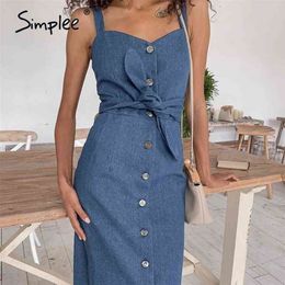 Simplee Sexy long women denim dress with belt Vintage female buttons denim dress Spring autumn slim ladies office dress 210323