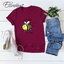 Elimiiya Oversized t-shirt Bee Happy Print T Shirt Women Summer Clothes Loose Funny Tee Tops Shirts 4XL 5XL Female 210324