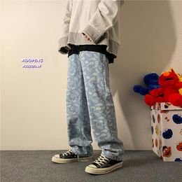 Men's Graphic Printing Summer Straight Jeans Man Korean Fashion Hip Hop Joggers Male Loose Denim Pants Clothing