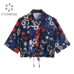 Japanese Cardigan Crop Blouses Women Hem Drawstring Slim Retro Summer Shirts Female Floral Printed Streetwear Blusas Tops 210515