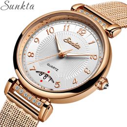 Montre Femme SUNKTA Fashion Luxury Watch Women Steel Strap Waterproof Ladies Dress Quartz Wristwatch Female Girl Gift Clock 210517