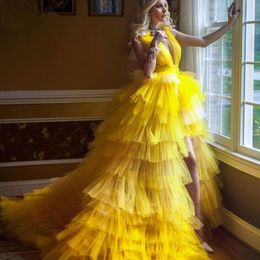 Party Dresses Elegant Princess Prom Gowns High Low Tiered Puff Yellow Tulle Long Evening Dress Deep V Neck Custom Made