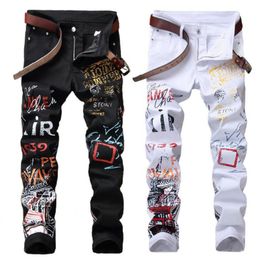 High Street Fashion Mens Jeans Night Club Black White Color Personal Designer Printed Jean Skinny Hip Hop Men Punk Pants