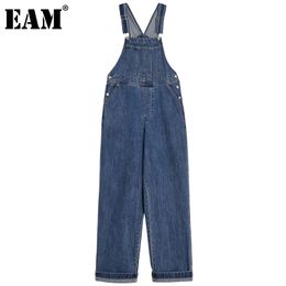 [EAM] bleu décontracté taille haute Denim sangle pantalon coupe ample pleine longueur pantalon femmes mode printemps été 1DD8494 21512