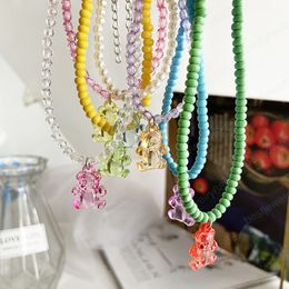 Bohemian Korean Summer Candy Colour Bear Pendant Choker Acrylic Resin Beaded Necklace For Women Girls Party Jewellery