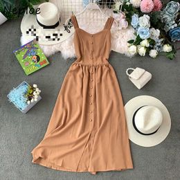 Neploe Chic Button Camis High Waist Femme Dress Retro Elegant Shoulder Strapless Vestidos A-line V-neck Slim Dresses Women Y0823