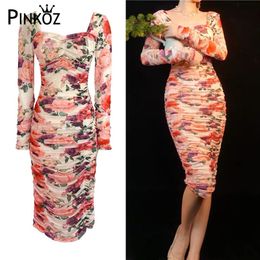 designer style red flower printed slim mesh elastic bodycon midi dress sexy night women lady square collar party dresses 210421