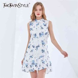 Print Dress For Women Stand Collar Sleeveless Hollow Out High Waist Hit Colour Mini Dresses Female Clothes 210520