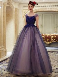 Purple Ball Gown Formal Evening Dresses 2016 Lace Appliqued Tulle Party Prom Dress Elegant Lady Ball Gown Pageant Dress robe de soiree