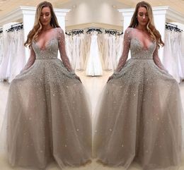 Sparkling Sequined Beading Prom Dresses Sexy Deep V-neck Long Sleeve Evening Gowns Floor Length A-line Prom Dress