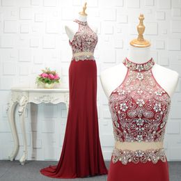 Sexy Burgundy Evening Dresses Halter Mermaid Long Prom Gowns Illusion WaistMajor Beading Zipper Back Sweep Train Evening Gown