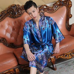 Wholesale-Summer faux silk robe male bathrobe half sleeve silk men sleepwear fashion short-sleeve robe free shipping