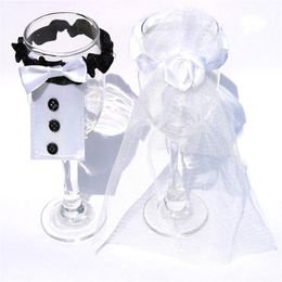 Wedding Wine Bottle Glasses Champagne Cup Cover Set Bride & Groom Cute