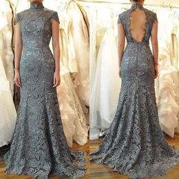 2019 Tall Mother Of The Bride Dresses Sexy Mermaid Backless Capped Sleeves High Collar Grey Guipure Lace Formal Evening Gowns Plus Size