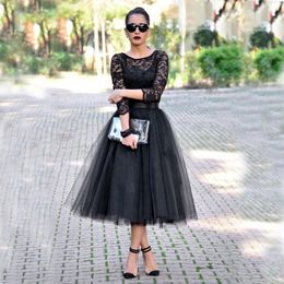 Vintage Short Evening Dresses Black Lace Illusion Long Sleeves Tea Length Formal Prom Gowns with Sash Soft Tulle Custom Made Cheap