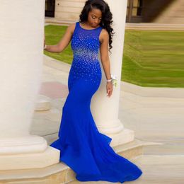 New Cheap Sexy Prom Dresses Jewel Neck Illusion Royal Blue Tulle Crystal Beading Backless Mermaid Party Dress Formal Sweet 16 Evening Gowns