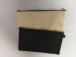 1pc Black &Beige cotton canvas cosmetic bag with gold zip unisex casual coin purses blank make up bag size 19.5cmx11cm