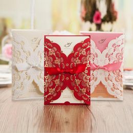 Neueste Art-Blumen-Hochzeitseinladungs-Karten-Heirat-Rosa-Rechteck-Einladungen mit Schleife-Party-Dekorationen nach Maß